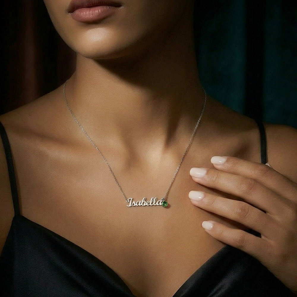Custom Name Plate Pendant with Birthstone